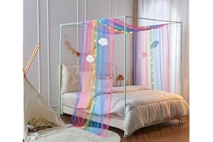 WANFASO Rainbow Princess Canopy Bed Curtain with Light，Canopy Bed Scarf Valance with Cloud Ornaments，Bed Canopy for Girls Bedding Decor（Twin，Rainbow）