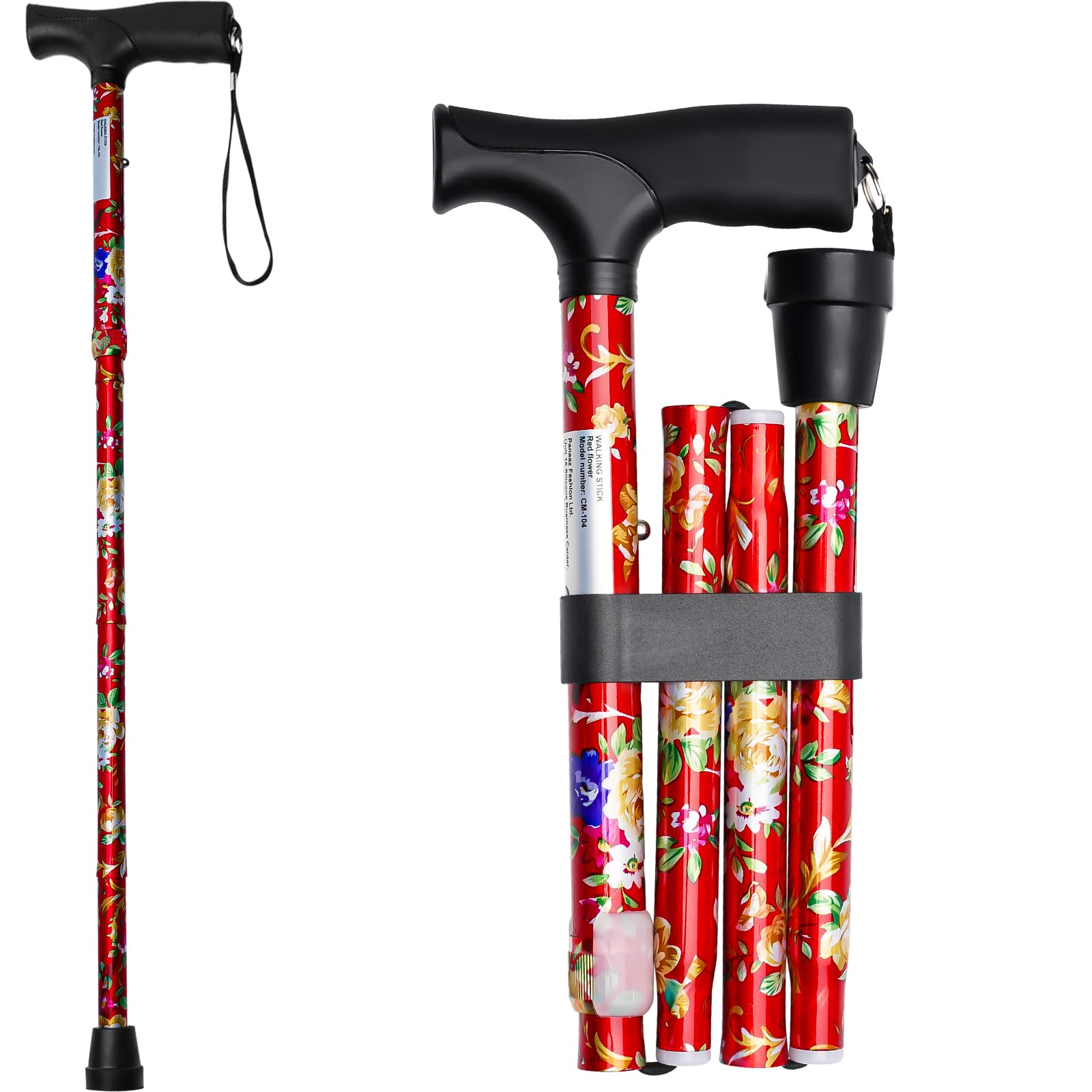 Walking Flexible Stick, Easy Adjustable Height Folding Extendable Walking Stick for Unisex (Red Flower)