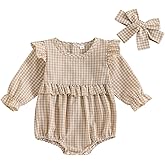 Karuedoo Newborn Baby Girl Clothes Gingham Plaid Bubble Romper Long Sleeve Ruffle Bodysuit with Headband Spring Fall Outfit