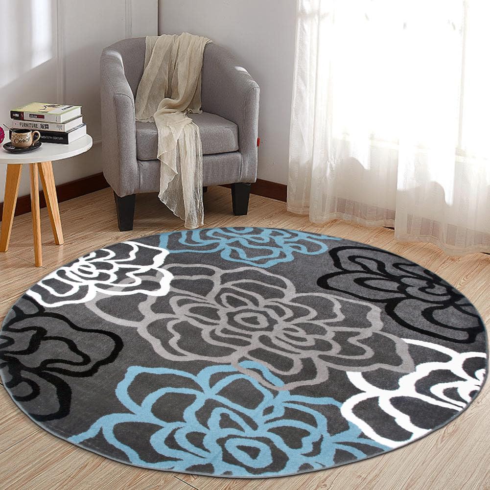 Rugshop Contemporary Modern Floral Flowers Easy Maintenance for Home Office,Living Room,Bedroom,Kitchen Soft Round Rug 6' 6" (6' 6" Diameter) Gray Image