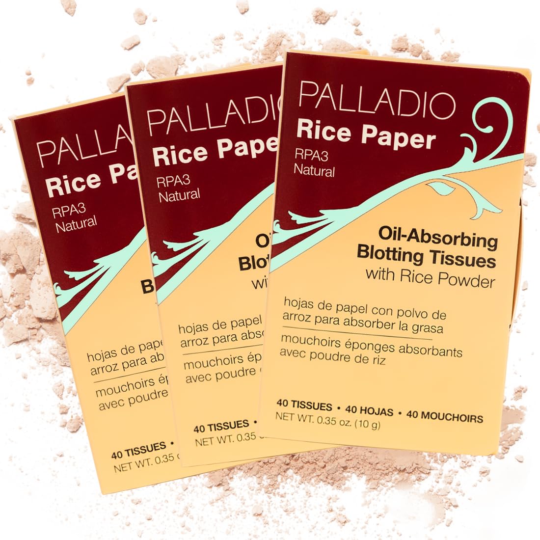 Palladio Rice Paper Facial Tissues for Oily Skin, Face Blotting Sheets Made from Natural Rice, Oil Absorbing Paper with Rice Powder, 2 Sided, Instant Results (Natural, Pack of 3)