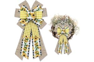 Hying Large Spring Bows for Wreath, Burlap Dots Sunflower Bow for Front Door, Village Buffalo Plaid Flower Wreath Bows for Party Decor Indoor Outdoor Wall Spring Summer Decoration Supplies Ornament
