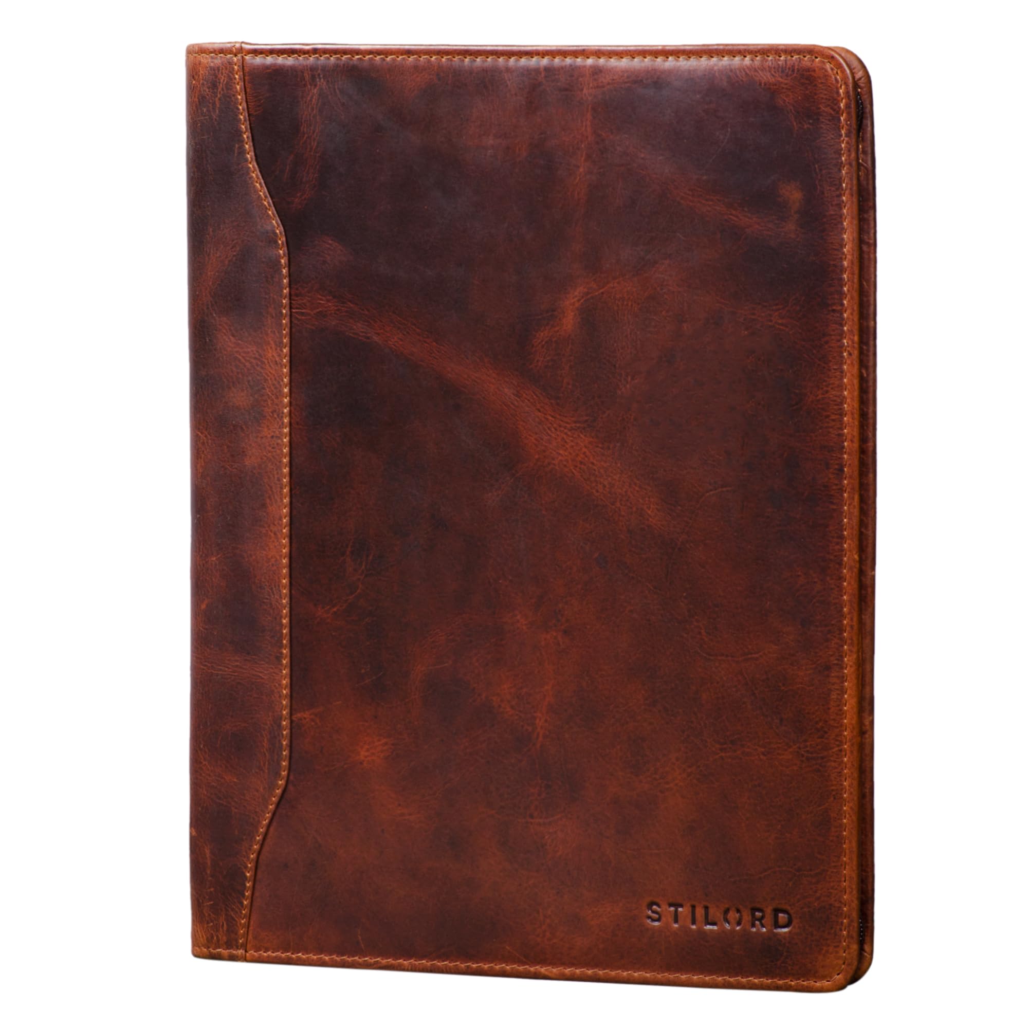 STILORD 'Scott' Vintage Leather Document Folder | 12.2 Inch Writing Portfolio | Premium A4 Leather Conference Folder Briefcase with Zipper for Business and Office, Colour:Kara - Cognac