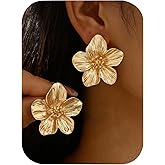 Big Gold Flower Statement Earrings for Women Trendy, Chunky Unique Leaf Floral Drop Earrings, Large Gold Fall Earrings Jewelry Gift