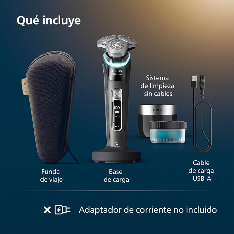 i9000 Prestige, Afeitadora Eléctrica Hombre, Máquina de Afeitar Barba en Seco y Húmedo, Tecnología SkinIQ, Base de Carga, Recargable, Estuche de Viaje, Centro de limpieza, XP9207/30