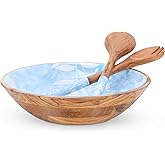 Coastal Oak Large Wooden Salad Bowl Set - Premium 13-inch Acacia Wood Salad Bowl with Servers - Decorative Wooden Bowl with Fork and Spoon - Fruit Bowl - Serving Bowls for Entertaining (Azure Garden)
