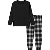 Latuza Women's Petite Pajama Set Crew Neck Knit Top Flannel Jogger Pants