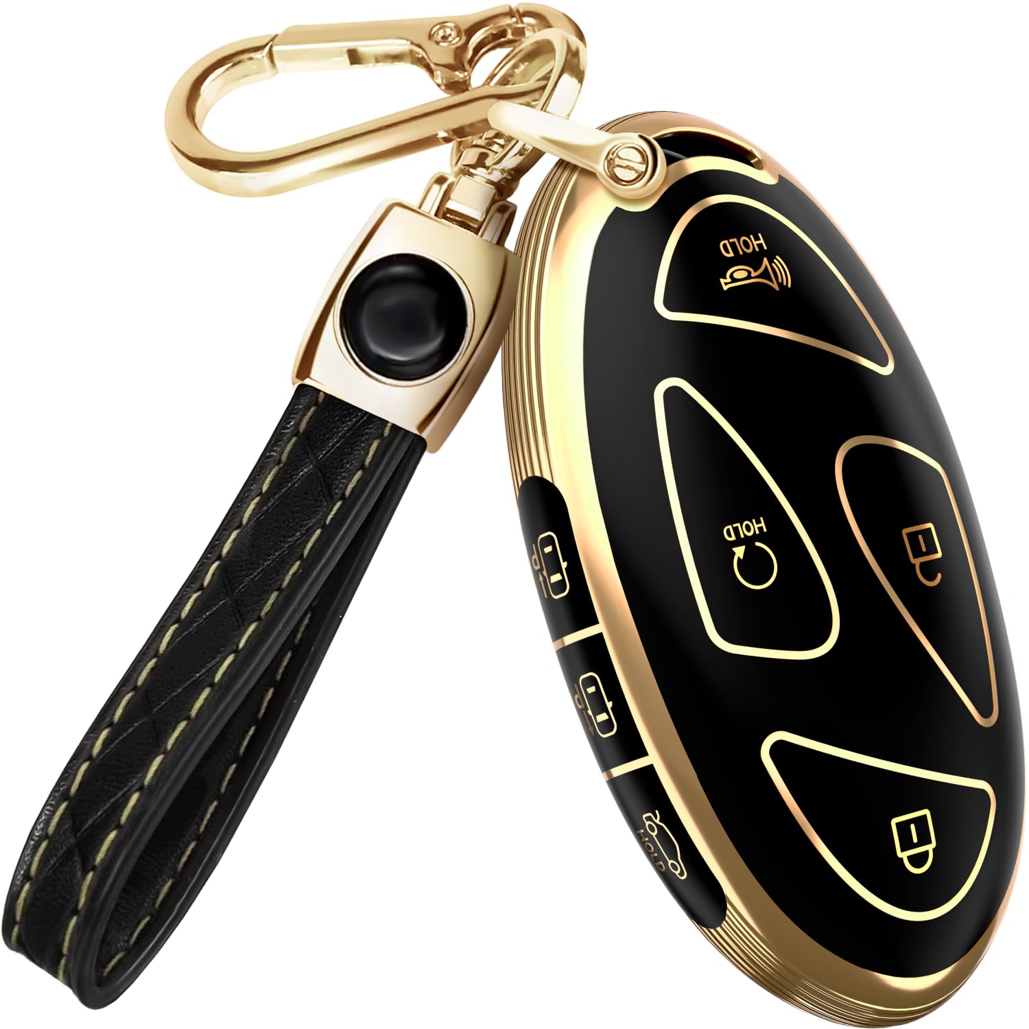Photo 1 of Lucrum Compatible with Hyundai Key Fob Cover & Leather Keychain, Keyfob Case for Santa Fe, Sonata, Tucson, Grandeur, Ioniq 6, KONA, Elantra - For 7 Button Remote (2022-2025) - Black and Gold
