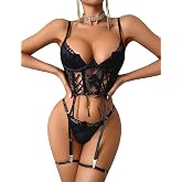 Avidlove Lingerie Sets for Women Sexy 4 Piece Garter Lace Corset and Panty | Underwire Support, Sheer Mesh Fabric, Strappy Cage Design, Adjustable Garters, Match with Jeans, XS-XXL for Curvy Fit