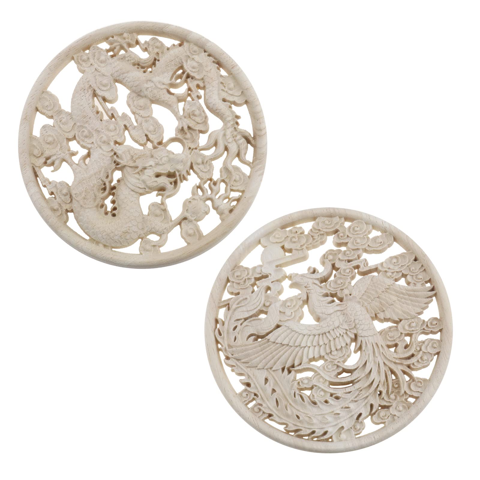 YINETTECH 2PCS Wood Carved Decal Round Wood Decorative Mouldings Applique Unpainted Vintage Style for Home Doors Furniture Cabinets Walls Wardrobes 15cm
