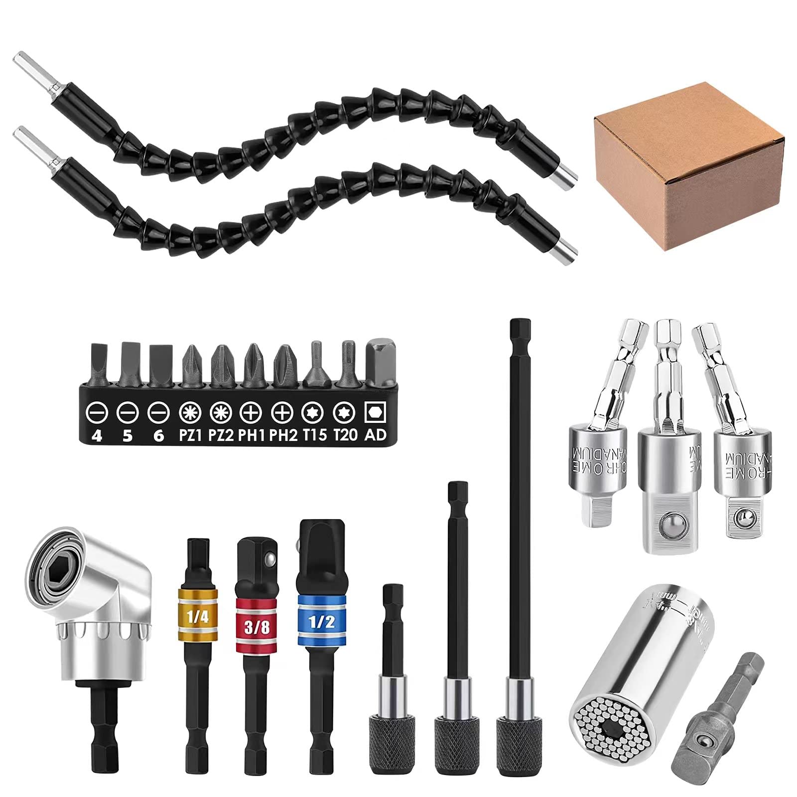 Photo 1 of 24pcs Flexible Drill Bit Extension Set, 105°Right Angle Drill Attachmen, Rotatable Joint Socket 1/4 3/8 1/2 Inch Hex Socket Adapter Socket Screwdriver with a Box (Black)