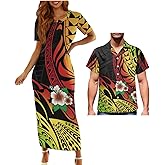 Hdjxbdhsv Couples Matching Puletasi Dress and Hawaiian Shirt Polynesian Traditional Print Aloha Shirt Two-Piece Dress Outfit