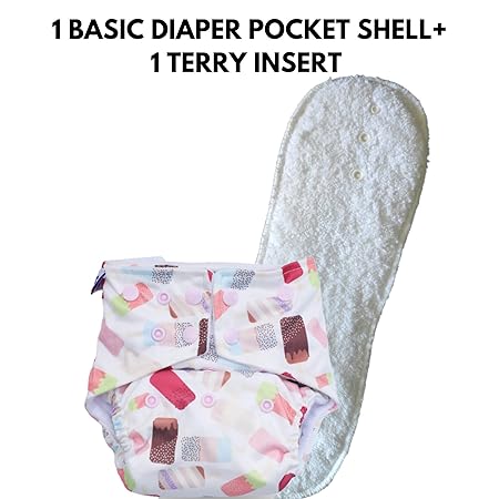 Superbottoms Basic Pocket Diaper - Certified Soft Fleece Lined Pocket Diaper with 1 Terry Insert with Snaps (Icecream)- Fits 3kg-17kg- 3 Months- 3 Years Babies/Kids