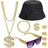 DXGSHSA 9 Pack 80s 90s Hip Hop Costumes Kit for Men, Gold Old School Rapper Sunglasses, Fake Gold Chain, Dollar Sign Ring&Chain, Bucket Hat Halloween Party Outfits Accessories
