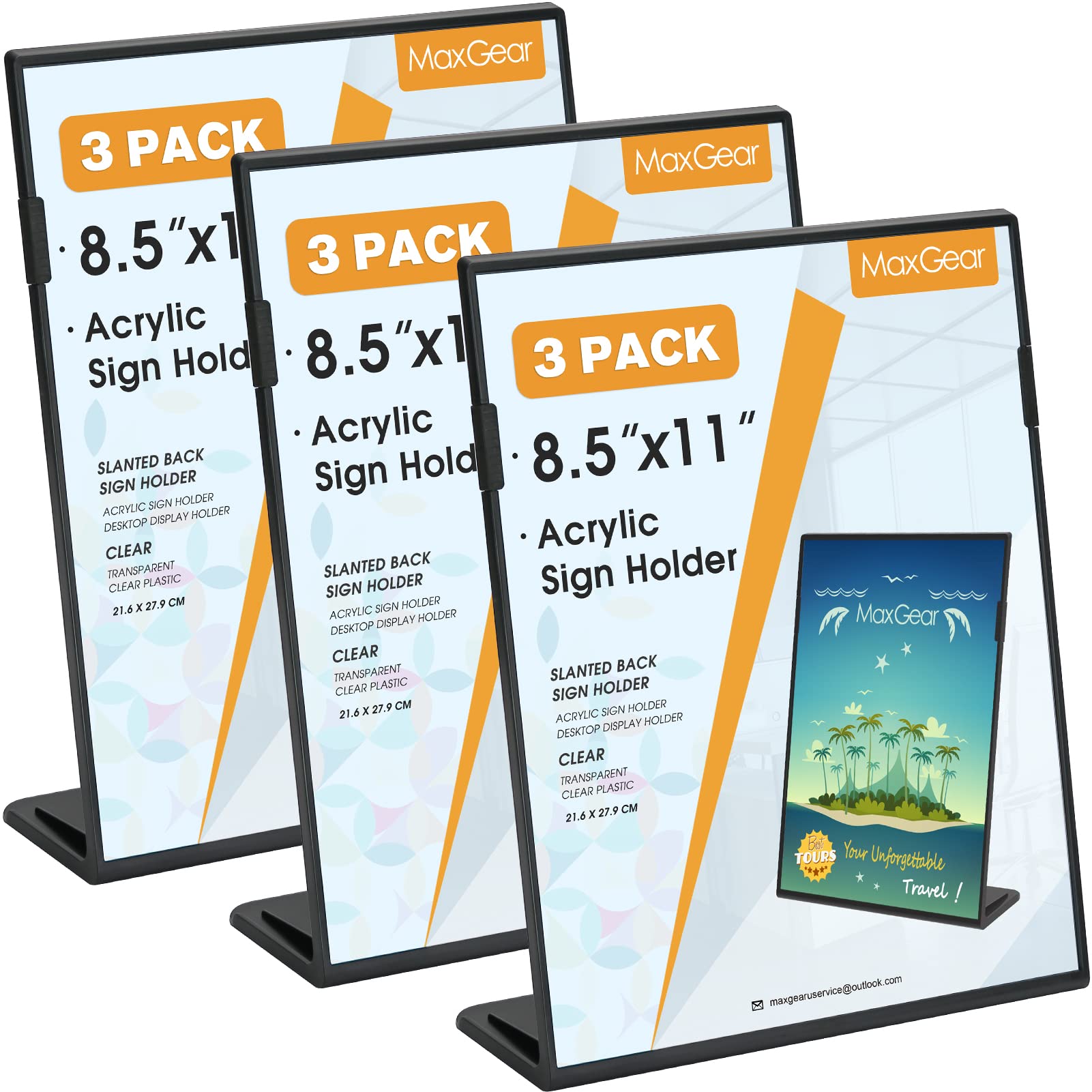 Photo 1 of MaxGear Fall Resistant Acrylic Sign Holder 8.5 x 11 Inches 3 Pack, Slant Back Table Flyer Menu Display Stand, Heavy Duty Plastic Acrylic Sign Frame Paper Holder for Business, Store, Restaurant, Black