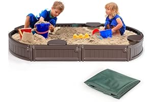 Costzon Kids Sandbox with Cover, HDPE Child Sand Pit w/Detachable Built-in Seating & Bottom Liner for Backyard Lawn Garden Beach, Outdoor Sand Box for Kids Age 3+ (Elliptical)
