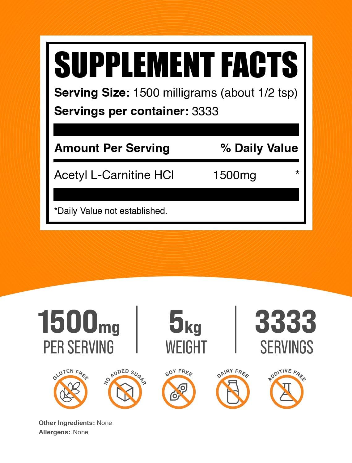 BulkSupplements.com Acetyl L-Carnitine Powder - ALCAR Powder, Acetyl L-Carnitine 1500mg, Carnitine Supplement - Gluten Free, 1500mg per Serving, 5kg (11 lbs) (Pack of 5)