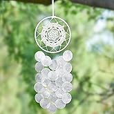 Handmade Capiz Wind Chimes for Outside, Outdoor Seashell Hanging Beach Coast Ocean Home Decorative, Unique Natural Shell Waterfall Windchimes for Summer Patio, Great Memorial Sympathy Gift（White