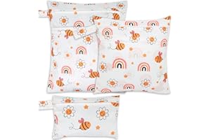 SANFERGE 3pcs Baby Cloth Diaper Wet Dry Bags, Waterproof Reusable Wet Bag with 2 Zipper Pockets & Handle, Washable Laundry Bags for Travel Beach Pool Daycare Yoga Gym Exercise Swimsuits, SML, Honeybee
