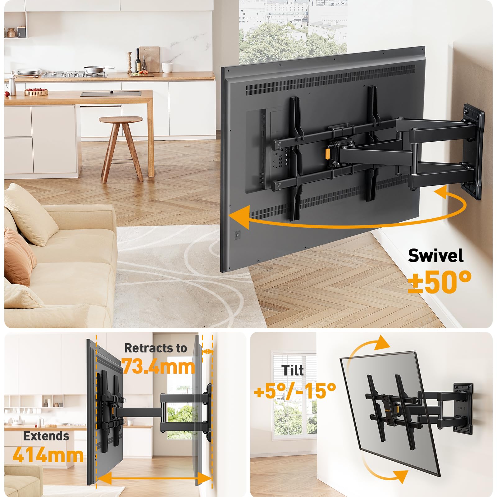 Perlegear TV Wandhalterung für 32-85 Zoll TVs bis zu 60 kg, Schwenkbar Neigbar Wandhalterung Fernseher, Fernseher Halterung mit werkzeugfreier Neigung, Max VESA 600x400mm, PGLF6 4
