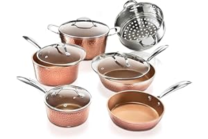 Gotham Steel Hammered Copper 10 Pc Pots and Pans Set Non Stick Cookware Set, Non Toxic Ceramic Cookware Set, Kitchen Cookware Sets with Induction Cookware, Pot and Pan Set, Oven/Dishwasher Safe