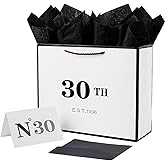 30th Birthday White Black Large Gift Bag with Card and Tissue Paper, Metallic Printing Keepsake Gift Vintage Bag for Men Women, 1996 Wife Husband 30 Year Old Party Paper Bag for Gifts Wrapping.