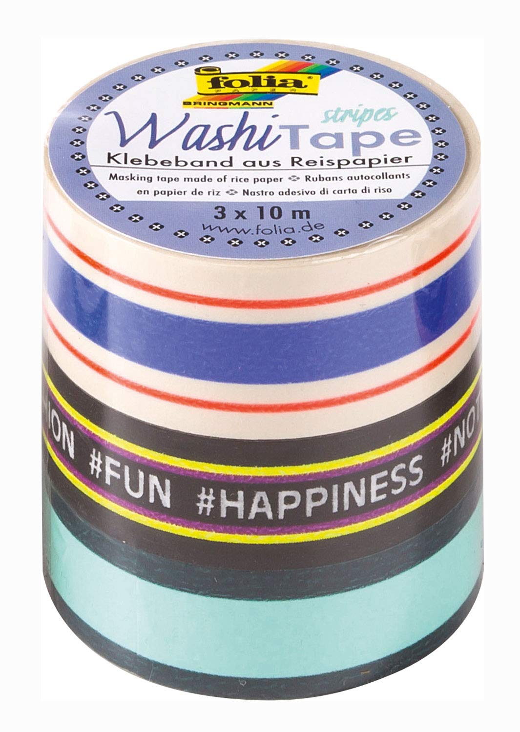 folia 26443 Washi Tape Stripes Neon I Set of 3 Rice Paper Tape Ideal for Decorating and Decorating