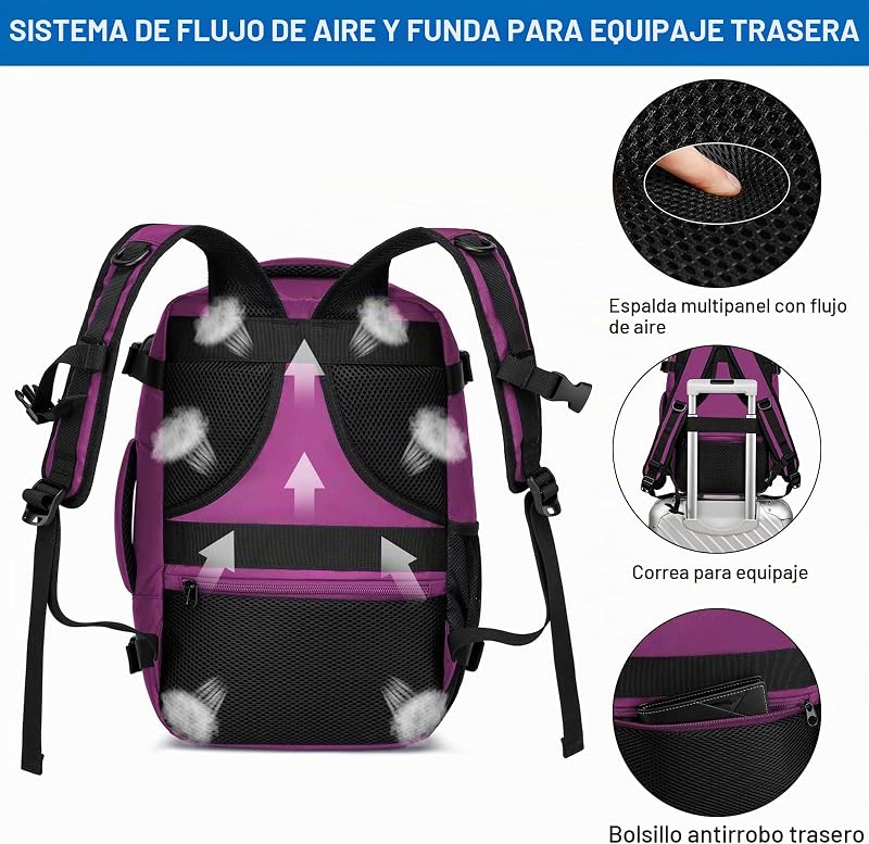 Mochila de Viagem Cabine Avião 40x20x25 para Mochilas Ryanair Mala Mochila de Viagem Ryanair Mochila de Mão Mochila de Mão Mochila Portátil Portátil com Porta USB para Trabalho, Escolas, Roxo