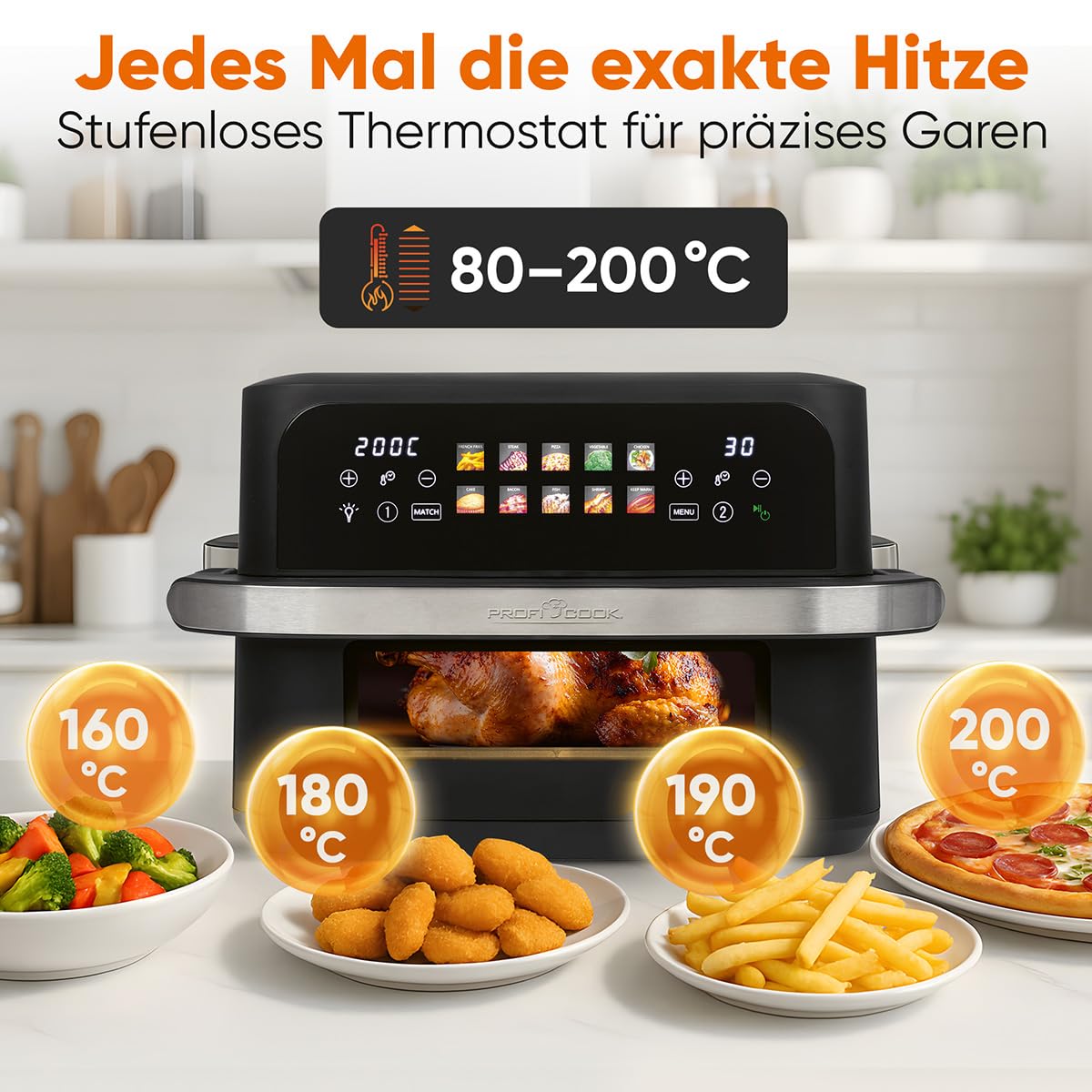 ProfiCook® XXL Heißluftfritteuse | 10L | Öl und Fettfrei | buntes Touch-Display | 2400W Airfryer | Heißluftfritteuse 2 Kammern | 10 Programme | 80-200°C | Heissluftfritteuse | PC FR 1313 H 6