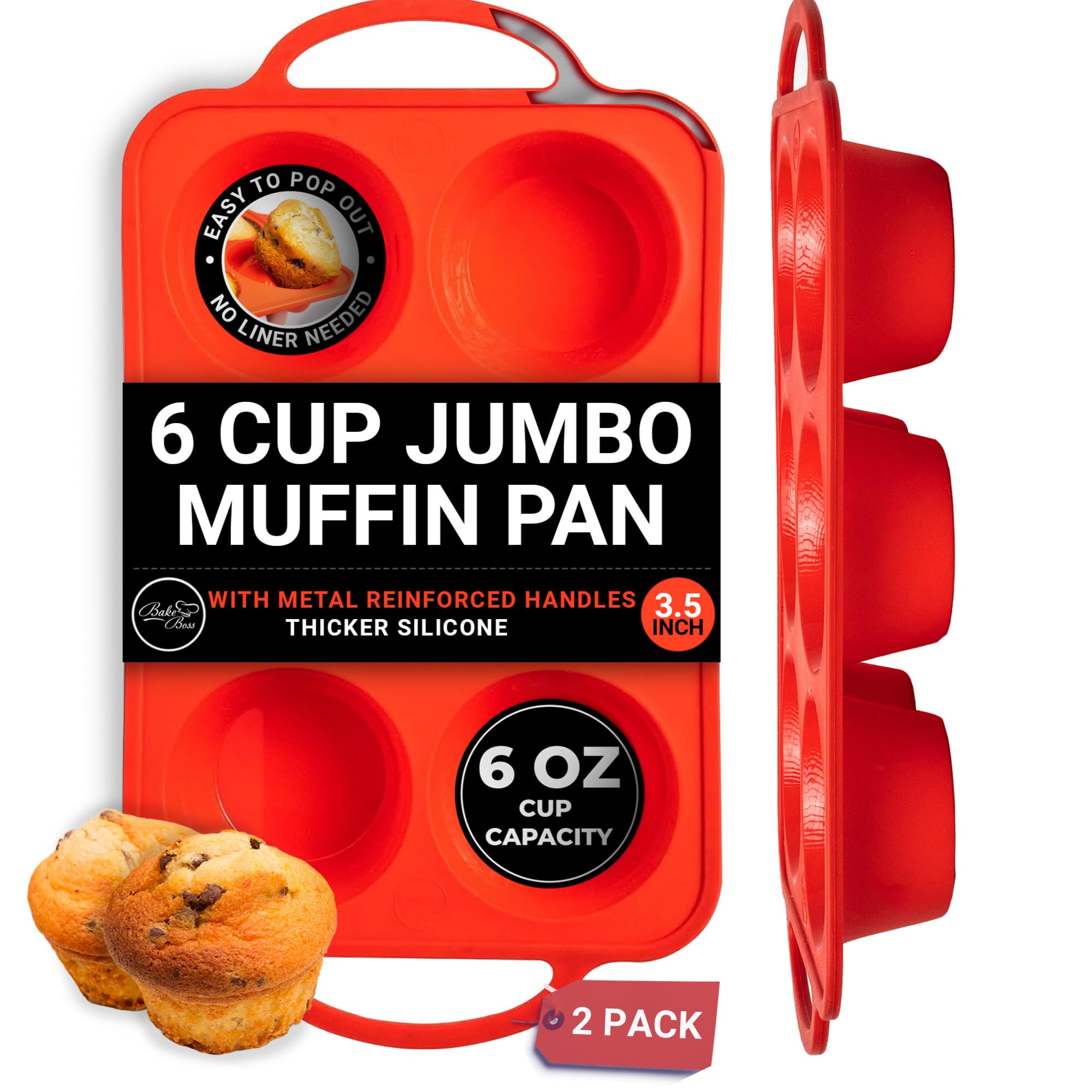 BAKE BOSS [2 PACK] Jumbo Muffin Pan, 3.5" Large Muffin Pan 6 Cup - Silicone Jumbo Muffin Tin for Baking BPA Free Non Stick - RED Image