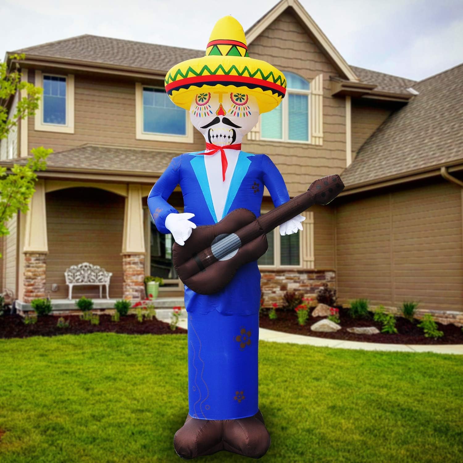 SEASONBLOW 8 Ft Cinco De Mayo Day Mexican Inflatable Skull Man with Guitar Blow Up LED Lighting Decoration for Lawn Garden Yard Indoor Outday Home Decor