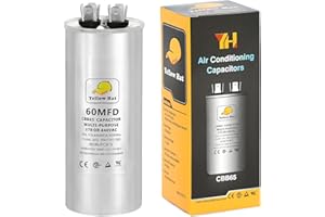 HVAC YELLOW HAT Capacitor for Air Conditioner 60 uf MFD 370 or 440 Volt VAC, Multi-Purpose Round Capacitor for AC Motor Run or Fan Motor Start or Condenser Straight