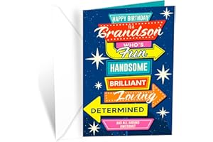 Prime Greetings Birthday Card For Grandson, Made in America, Eco-Friendly, Thick Card Stock with Premium Envelope 5in x 7.75in, Packaged in Protective Mailer