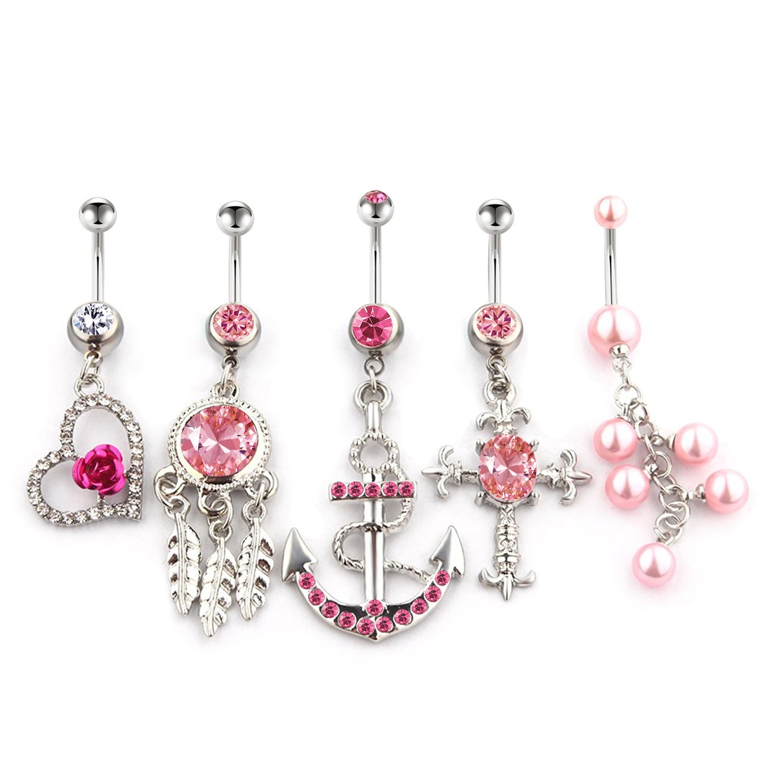 Vcmart 5Pcs 14G Dangle Belly Button Rings Set Navel Ring Stainless
