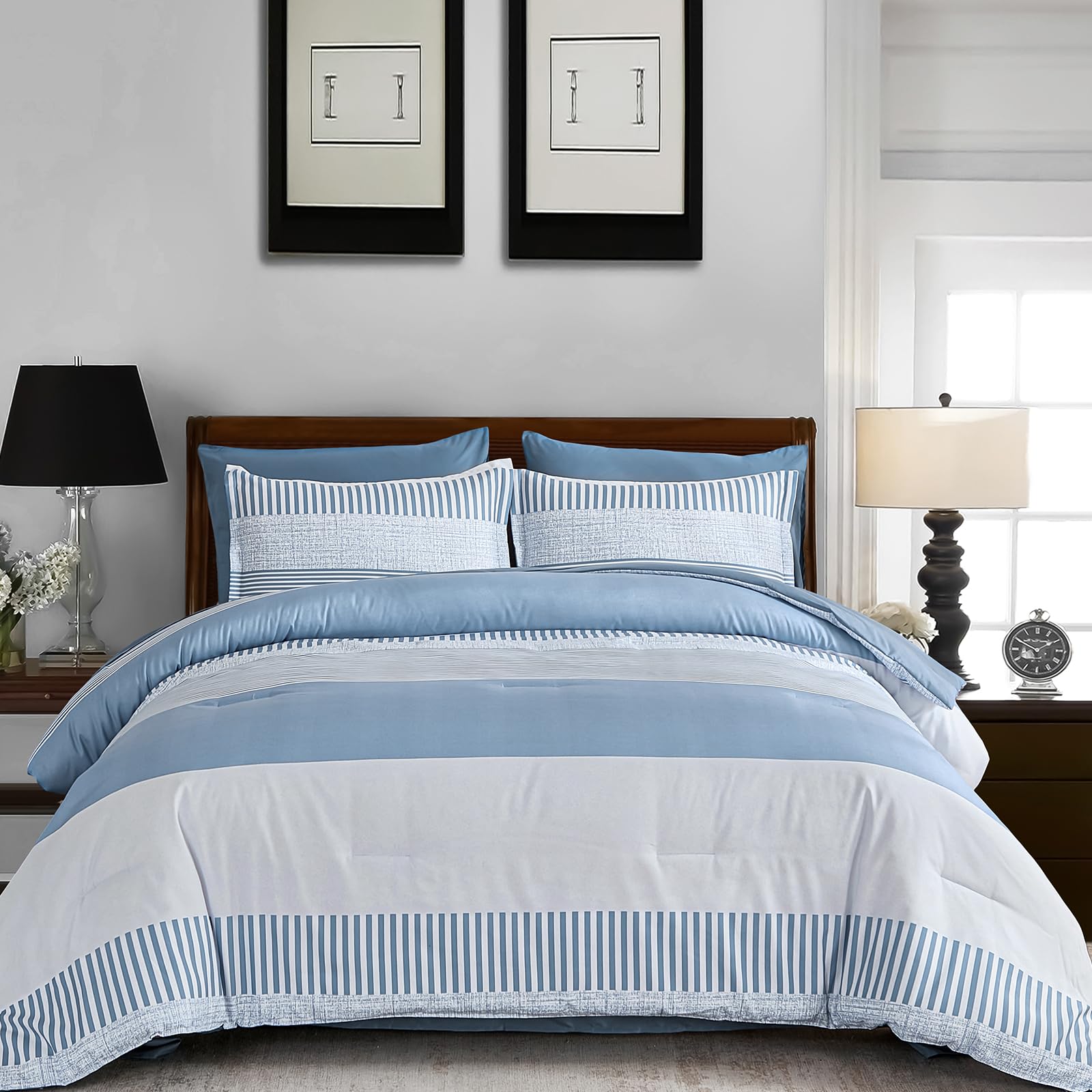 View 1 of Blue Comforter Set Queen Size,Boho Striped Comforters for Boys & Girls,7 Pieces Bed in A Bag Simple Neutral-Style Bedding Sets for Kids Teen