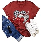 Leopard Plaid Heart T Shirts for Women Valentin's Day Funny Graphic Blouse T-Shirt Vacation Shove Sleeve V Neck Tee Tops(Red-2,Large)