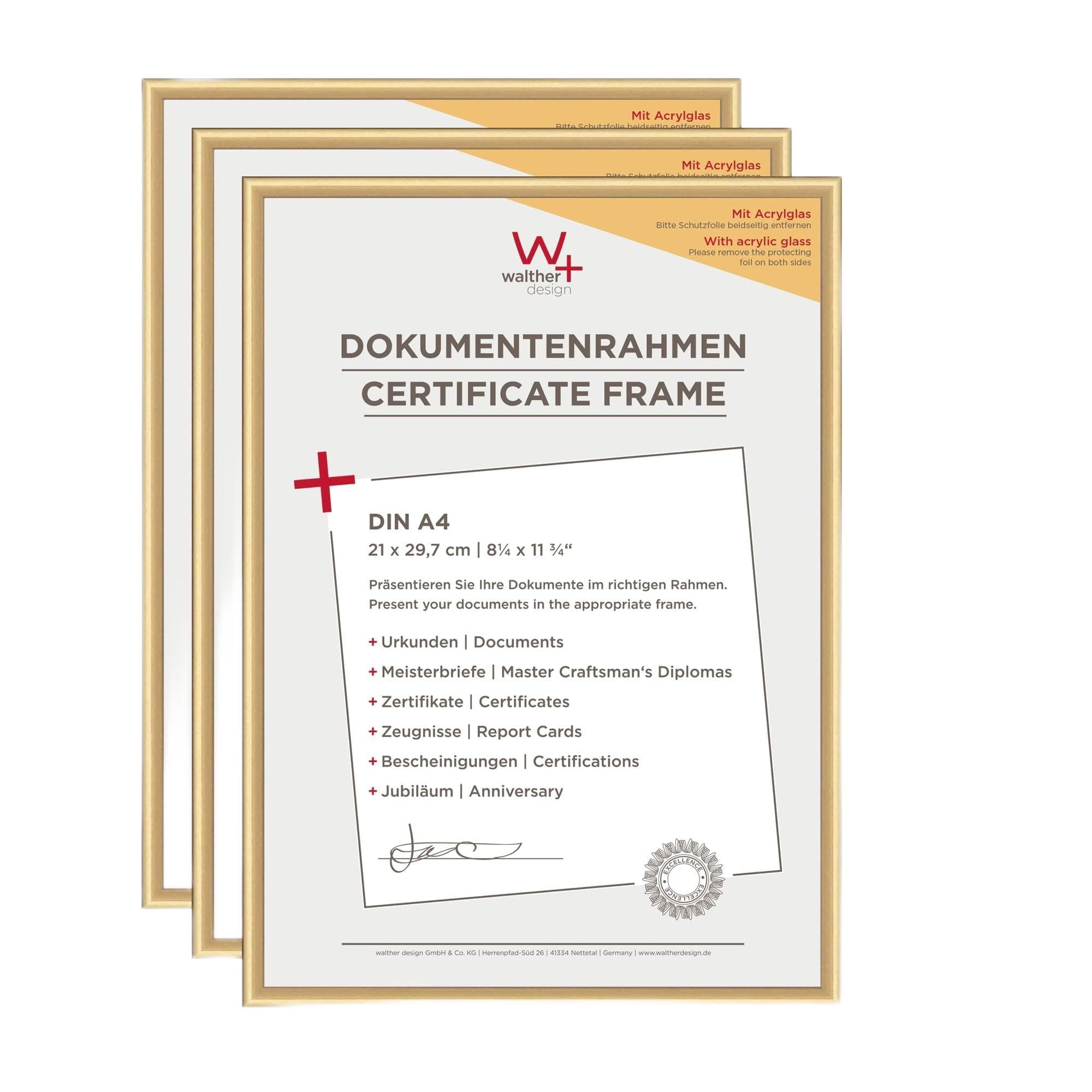 walther Design Picture Frame Gold 21 x 29,7 cm (DIN A4) with Art Glass 5-Pack, New Lifestyle Plastic Frame KVX130G5