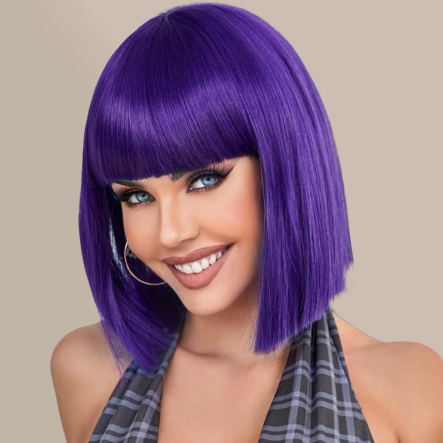 PORSMEER Short Straight Bob Dark Purple Wigs with Fringe Shoulder Length Hair Colorful Wig for Women Girls Heat Resistant Synthetic Hair for Cosplay Halloween Party 14 Inch 35cm