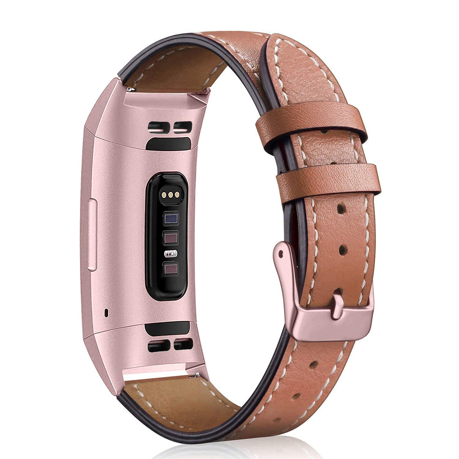 Photo 1 of Mornex Leather Band Compatible with Fitbit Charge 3/ Charge 4, Replacement Genuine Leather Bands for Women Men(Pink Connector and Brown)