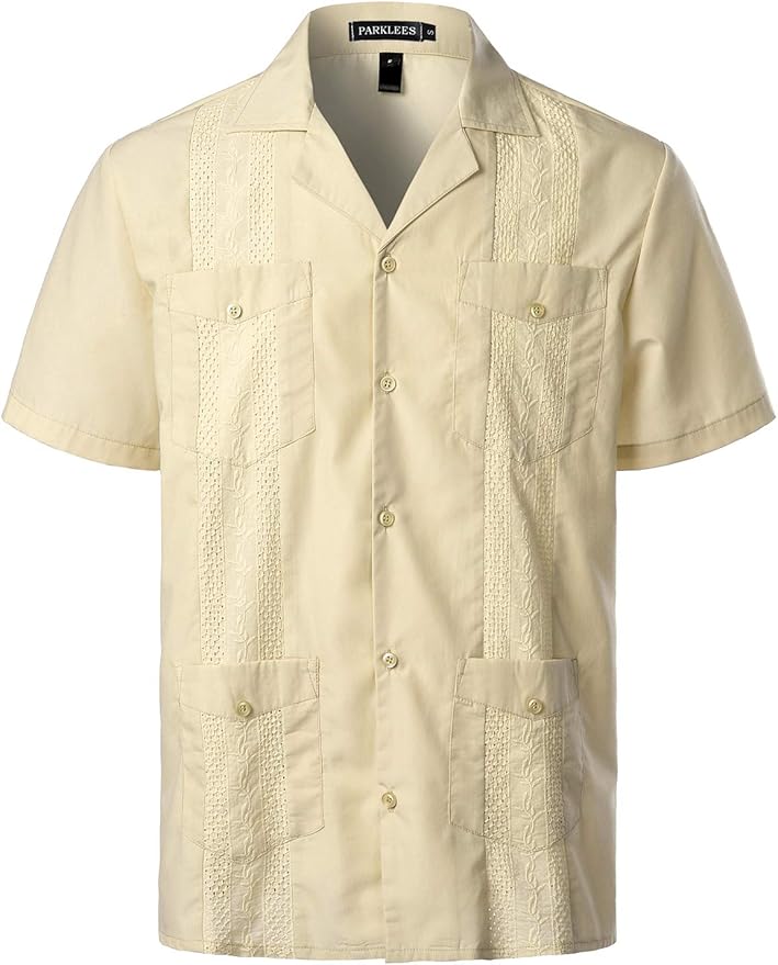 PARKLEES Mens Jacquard Embroidered RelaxedFit Short Sleeve Casual Button Down Cuban
