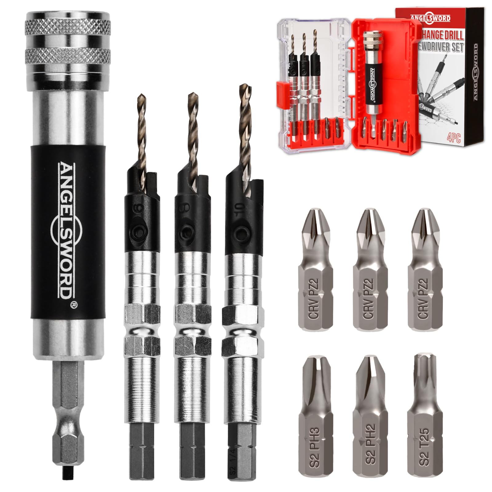 Photo 1 of ANGELSWORD Countersink Drill Bit Set with Flip Drive for Wood, #6, #8, #10 Drill Flip Drive Complete Unit Set, 4 Pack
