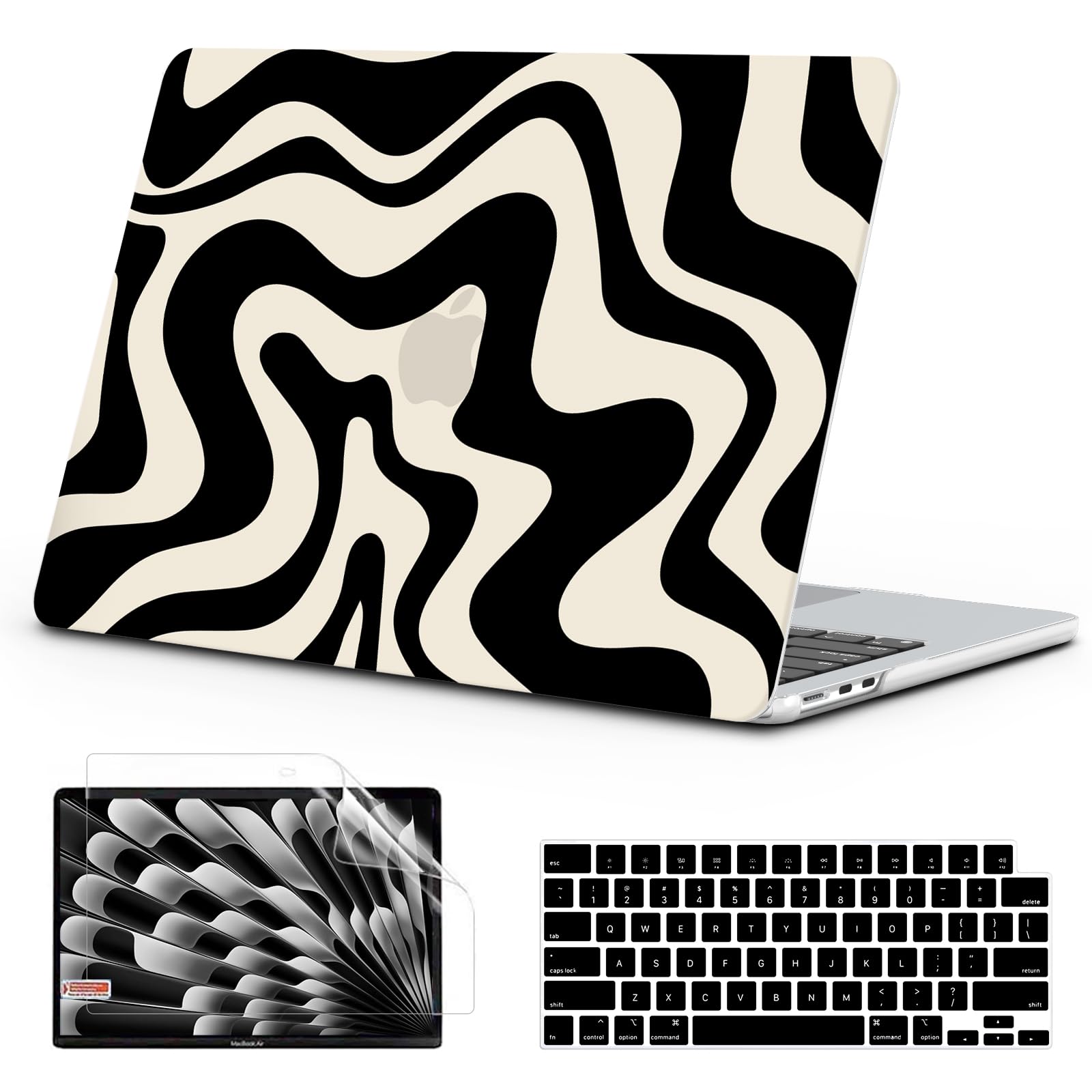 Photo 1 of B BELK Compatible with MacBook Air 15 inch Case 2025 2024 2023 Release M4 M3 M2 A3241 A3114 A2941, Wavy Pattern Sturdy Protective Plastic Hard Shell Case+Keyboard Cover+Screen Protector, Black Wave
