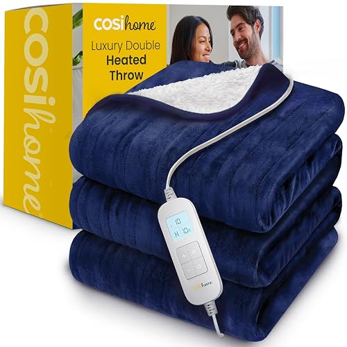 Cosi Home® Luxury Heated Throw in Navy Blue - Electric Blanket - Extra Large Heated Blanket, Machine Washable Fleece & Sherpa - Digital Remote, Timer and 10 Heat Settings - Double Size, 200 x 150 cm