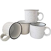 Essential Drinkware 14oz Ceramic Campfire Coffee Mug (Set of 4), White with Speckled Finish - Durable Thick Walled Camping Style Cup for Outdoors or Home