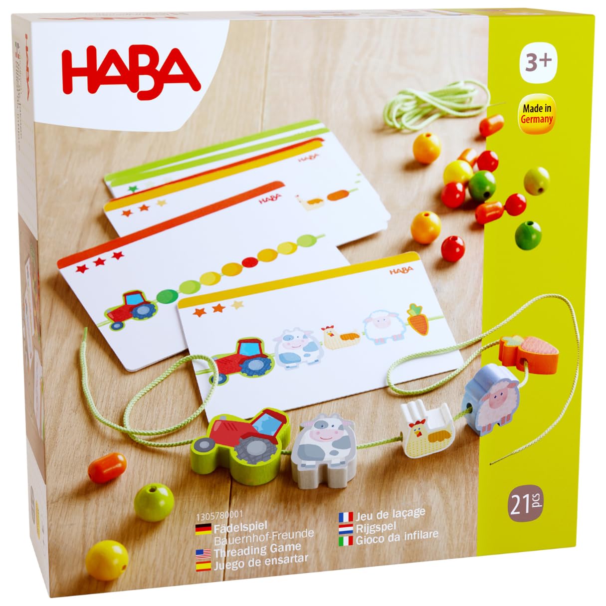HABA Threading Game Farm Friends | Wooden Lacing Set with 21 Colourful Pieces and Cord | Engaging Fine Motor Skill Activity for Kids | Creative Farm-Themed Threading Toy Made in Germany for 3 and Up