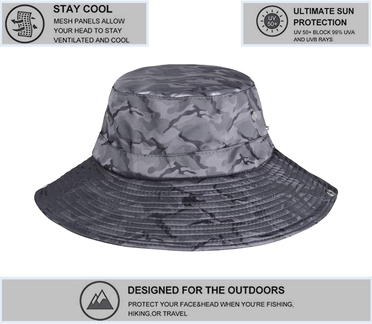 KOOLSOLY Breathable Wide Brim Boonie Hat Outdoor Waterproof UPF 50+ Sun Protection Mesh Safari Sun hat for Travel Fishing : Clothing