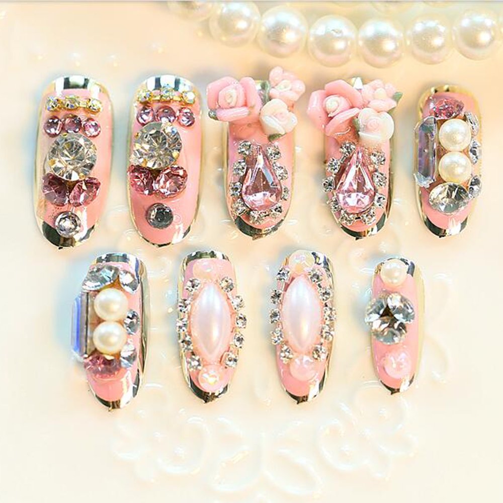 Buy Dongcrystal 24pc 3d Bride Wedding Pearl Art Nail Bling Rhinestone Crystal Pink Rose Flower False Fake Nail Full Nail Tip Online At Low Prices In India Amazon In