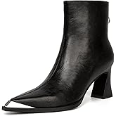 Bouwno Pointed Toe Ankle Boots for Women Metal Leather Side Zipper Chunky Block Heels Comfortable Fall Booties Women Short Boots