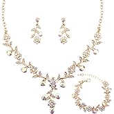 SFE Elegant Austrian Crystal Bridal Bridesmaid Wedding Jewelry Flower Leaf Necklace Dangle Earrings Link Bracelet Jewelry Set for Women