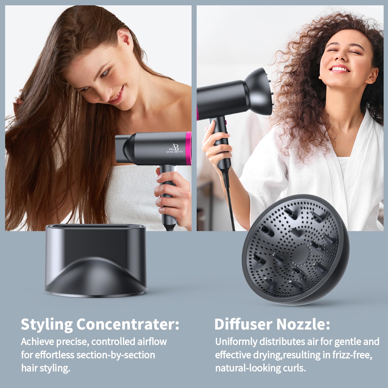 ANNE BETTY Ionic Hair Dryer with Diffuser, Powerful 1800W Blow Dryer for Women & Men, Fast-Drying Hair Dryer with Nozzle for Home, Salon, Travel